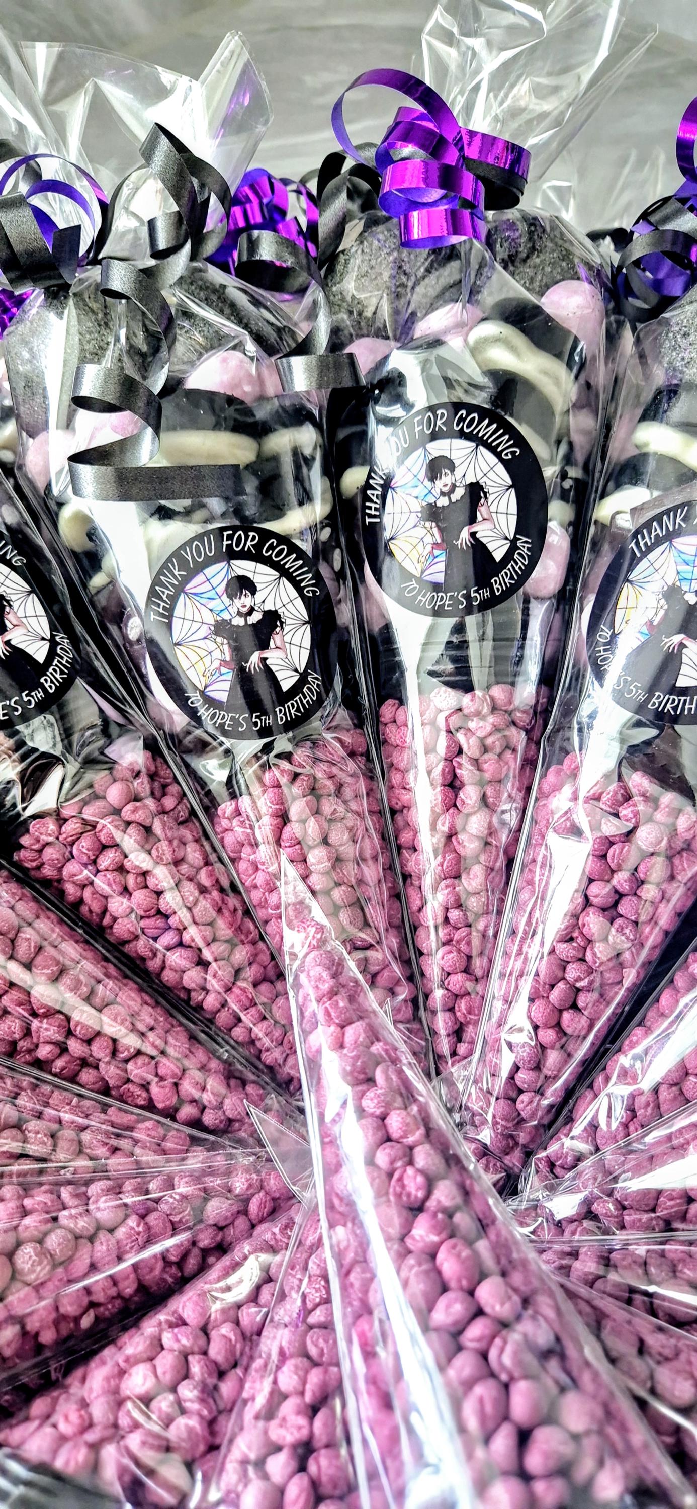 Wednesday Inspired Sweet Cones: Purple & Black Party Favors