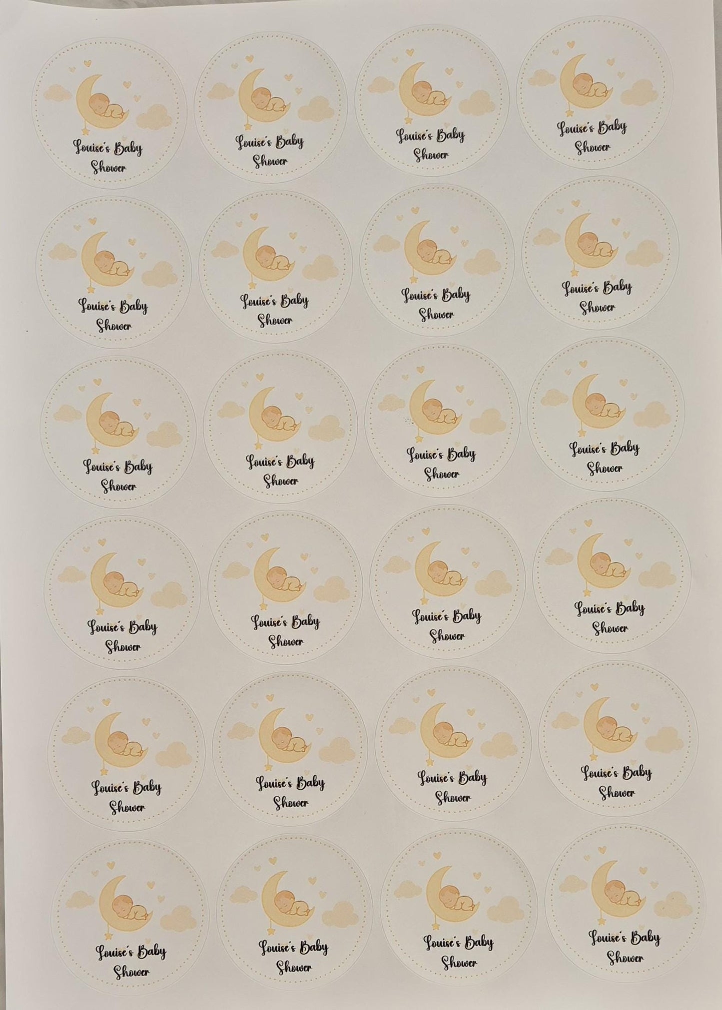 Baby shower stickers- 24 Glossy baby shower stickers- 45mm circular stickers a4 sheet - 24 in total