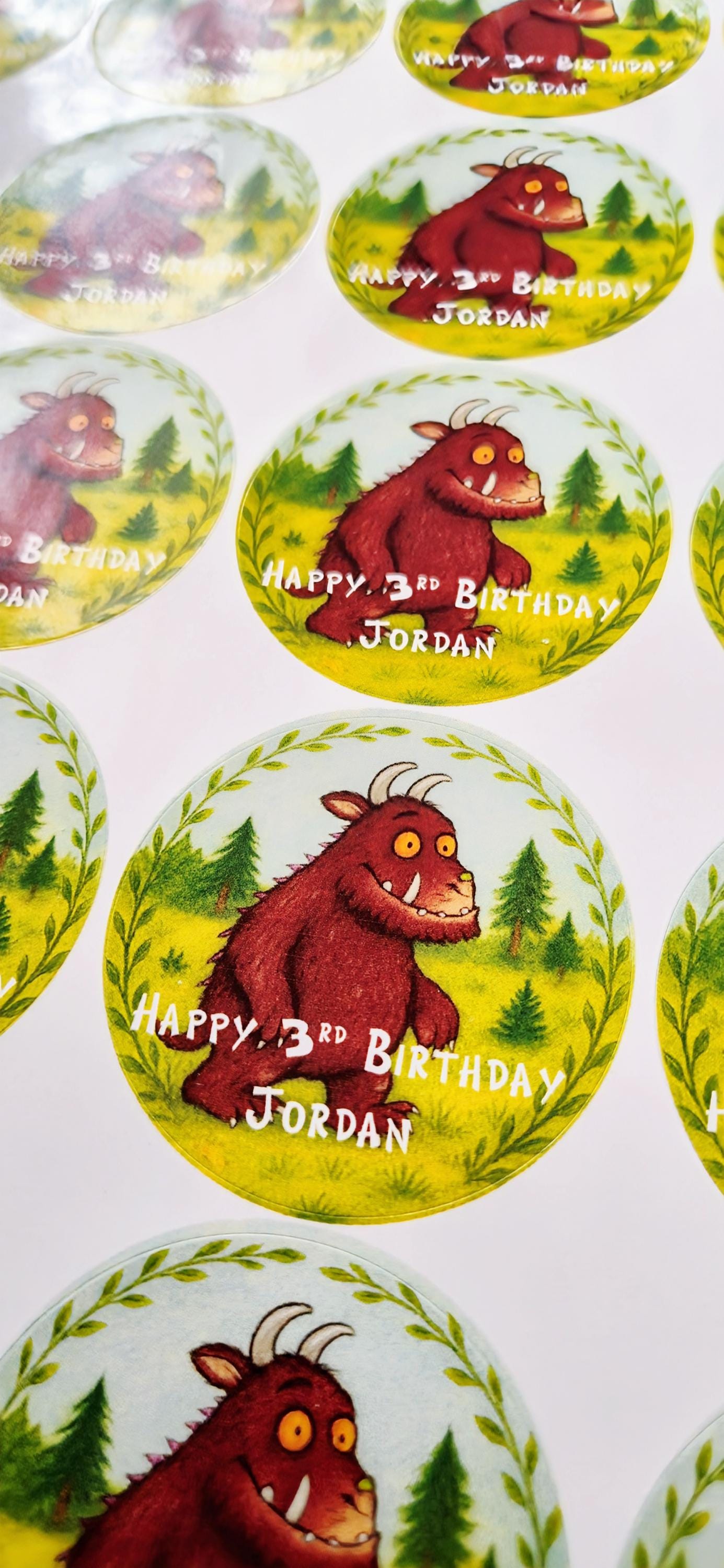 Gruffalo-inspired themed stickers- 24 Glossy stitch stickers- 45mm circular stickers a4 sheet - 24 in total