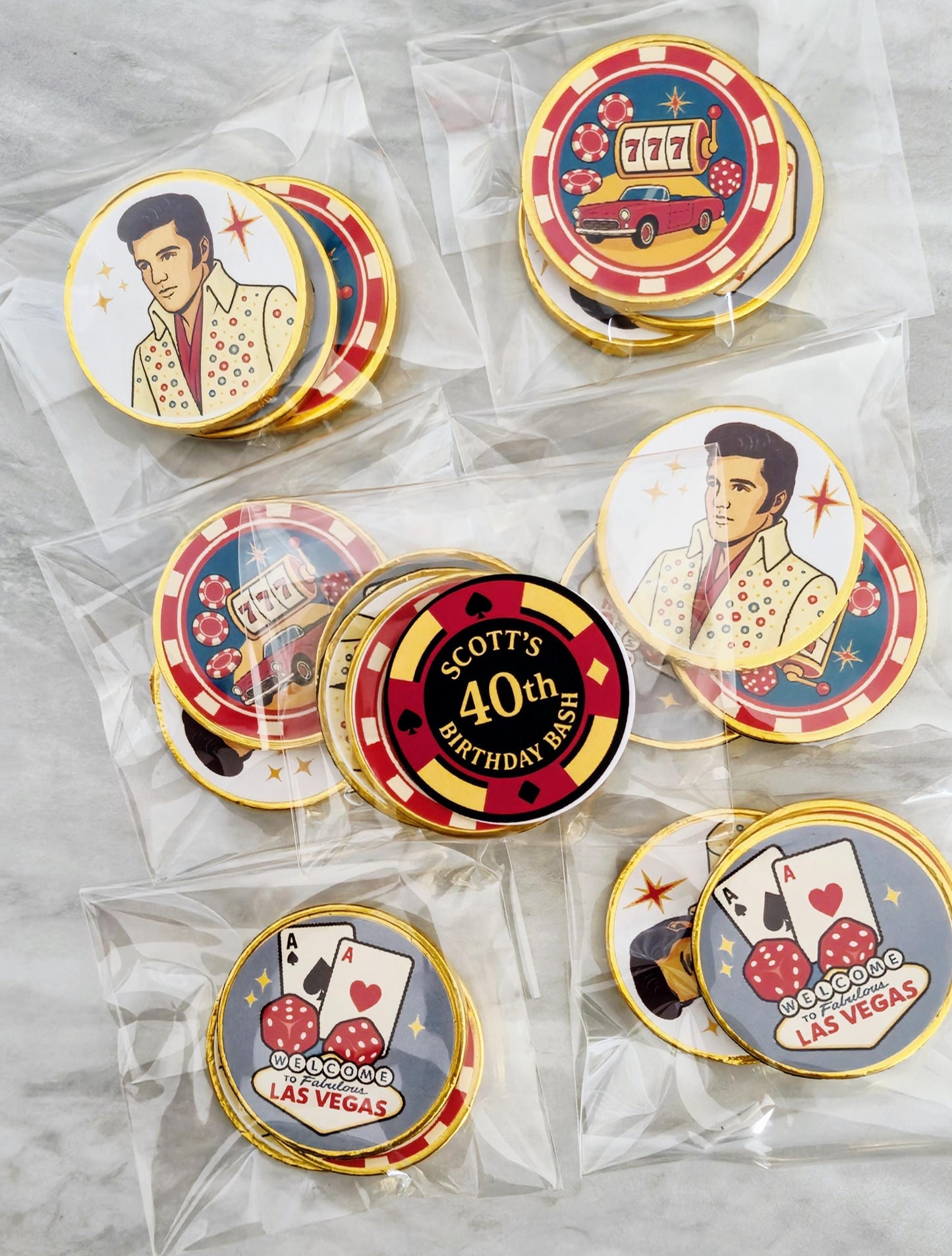 Las Vegas party favours - Elvis chocolate coins - Casino theme birthday - Poker night