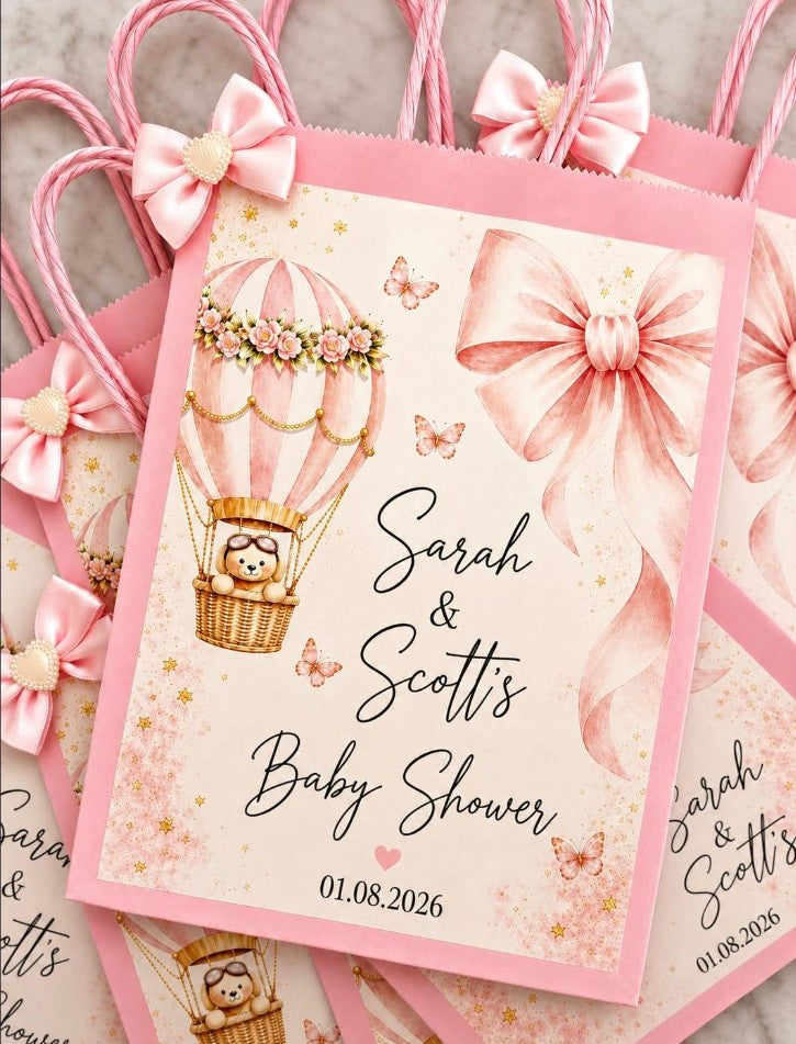 Personalised Pink Baby Shower Party Bags | Adventure Awaits
