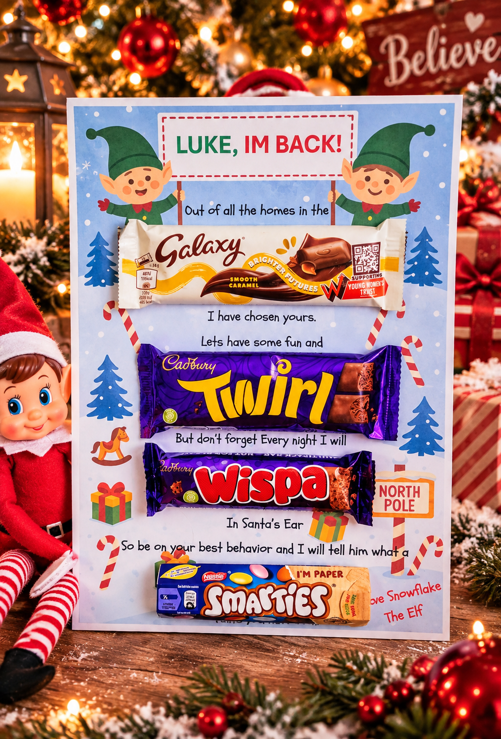 Personalised Elf Arrival Chocolate Board