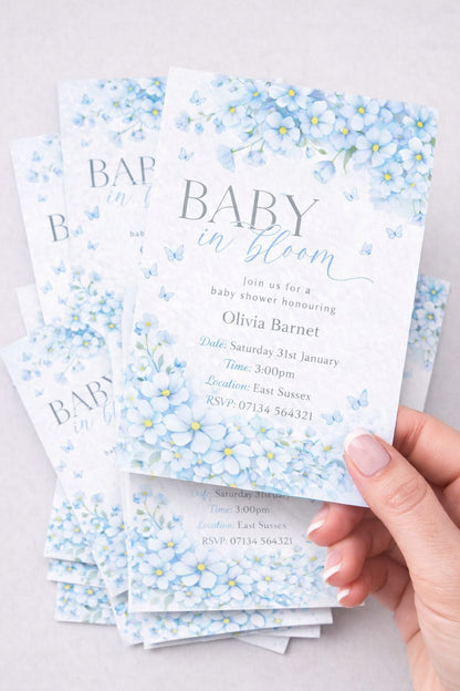Blue Personalised Baby Shower Invitations X10