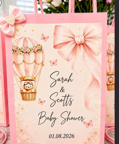 Personalised Pink Baby Shower Party Bags | Adventure Awaits