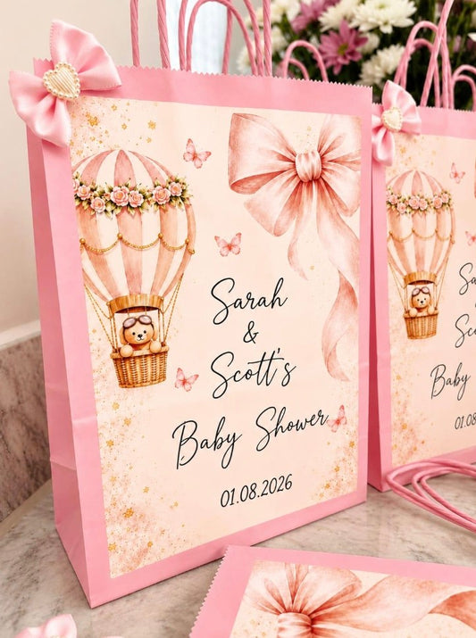 Personalised Pink Baby Shower Party Bags | Adventure Awaits