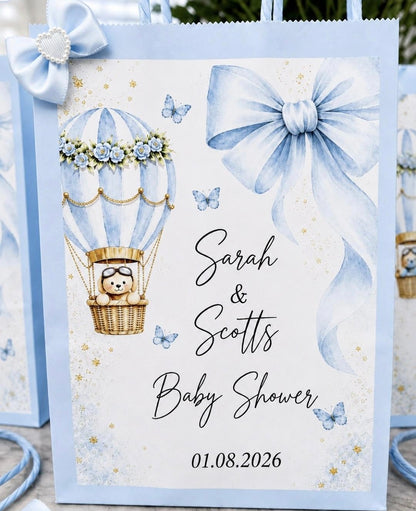 Personalised Blue Baby Shower Party Bags | Bow & Adventure Awaits