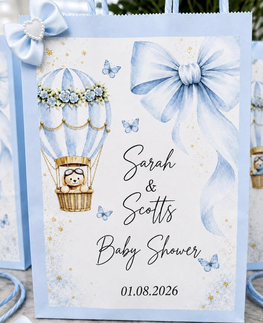 Personalised Blue Baby Shower Party Bags | Bow & Adventure Awaits