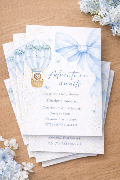 Blue Personalised Baby Shower Invitations X10