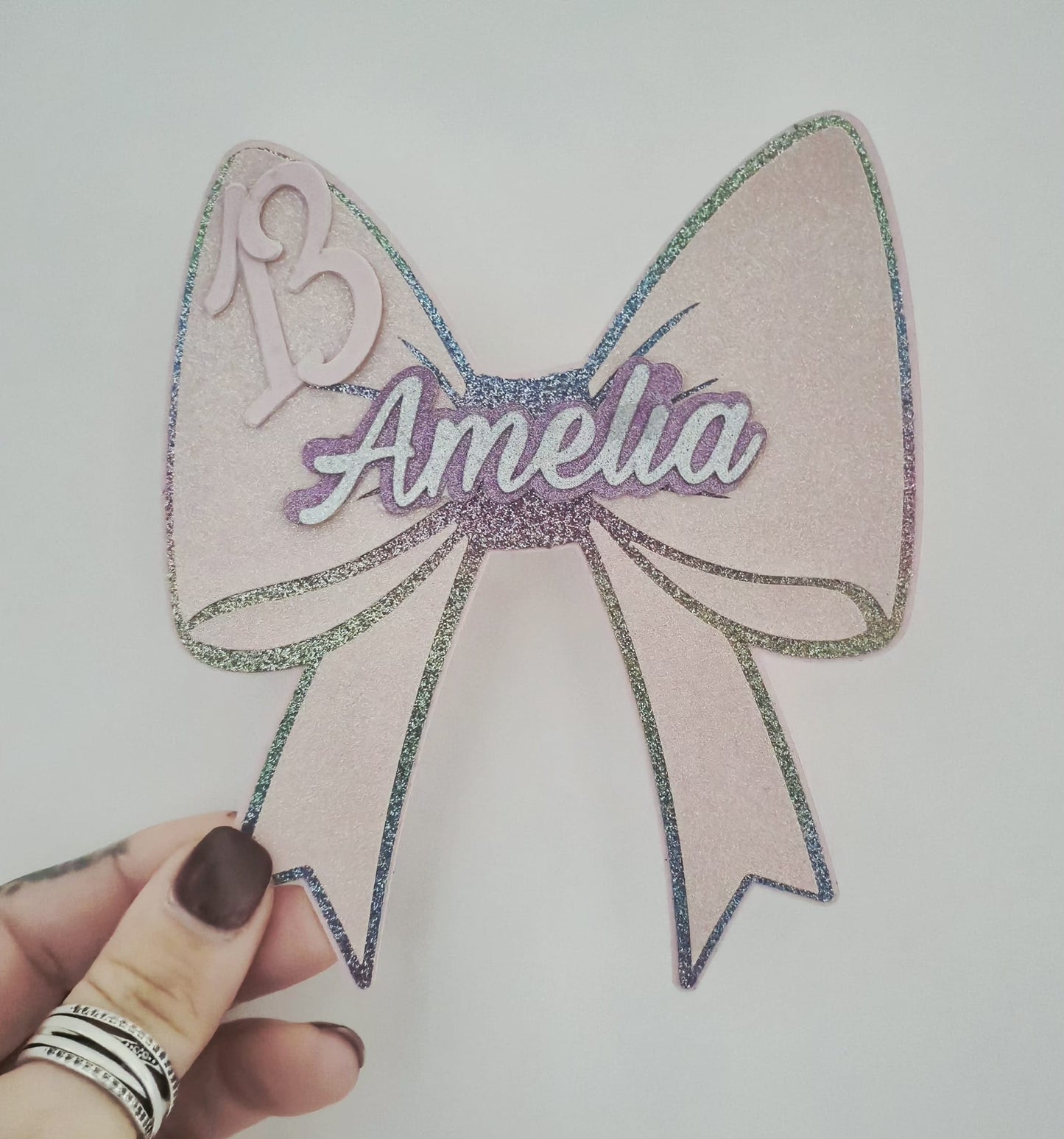 Personalised Glitter Bow Cake Topper – Custom Name Birthday Decoration