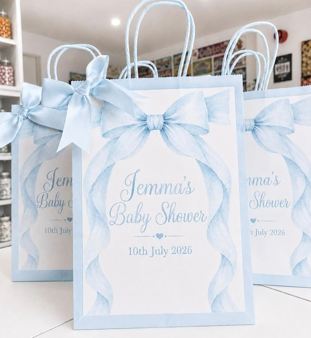 Personalised Blue Baby Shower Party Bags | Bow & Adventure Awaits