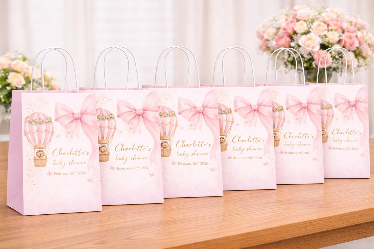Personalised Pink Baby Shower Party Bags | Adventure Awaits