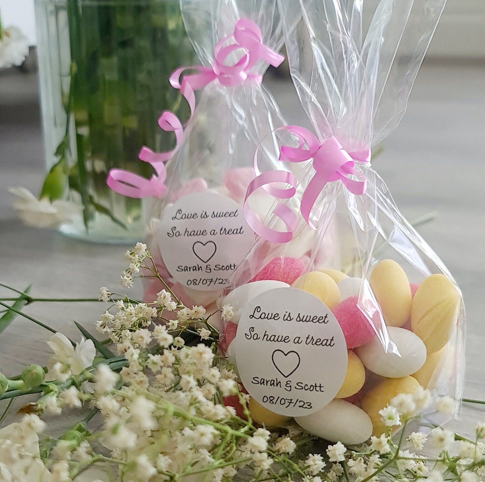 Personalized Wedding Sweet Favors: Sugar Almonds, Love Hearts