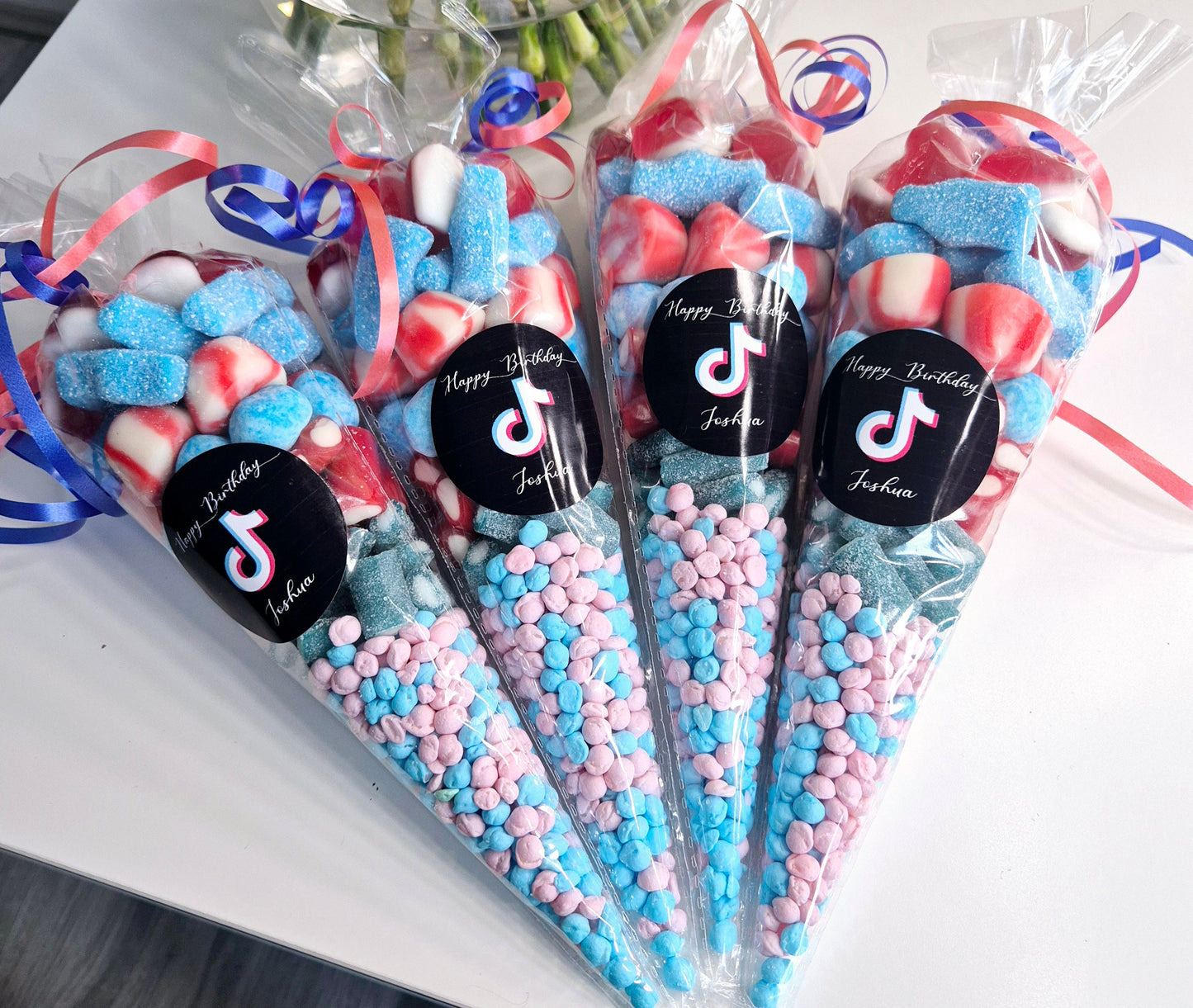 Tik-tok Birthday Party Favors: Red & Blue Sweet Cones