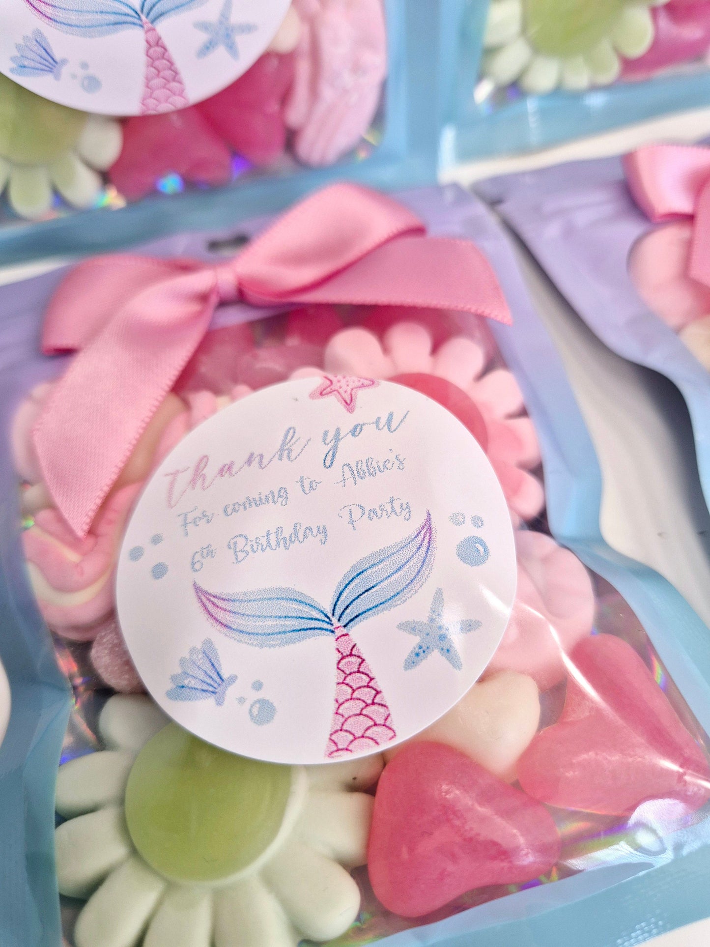 Mermaid Party Favor Bags: Pink & Blue Sweets, Personalized Stickers
