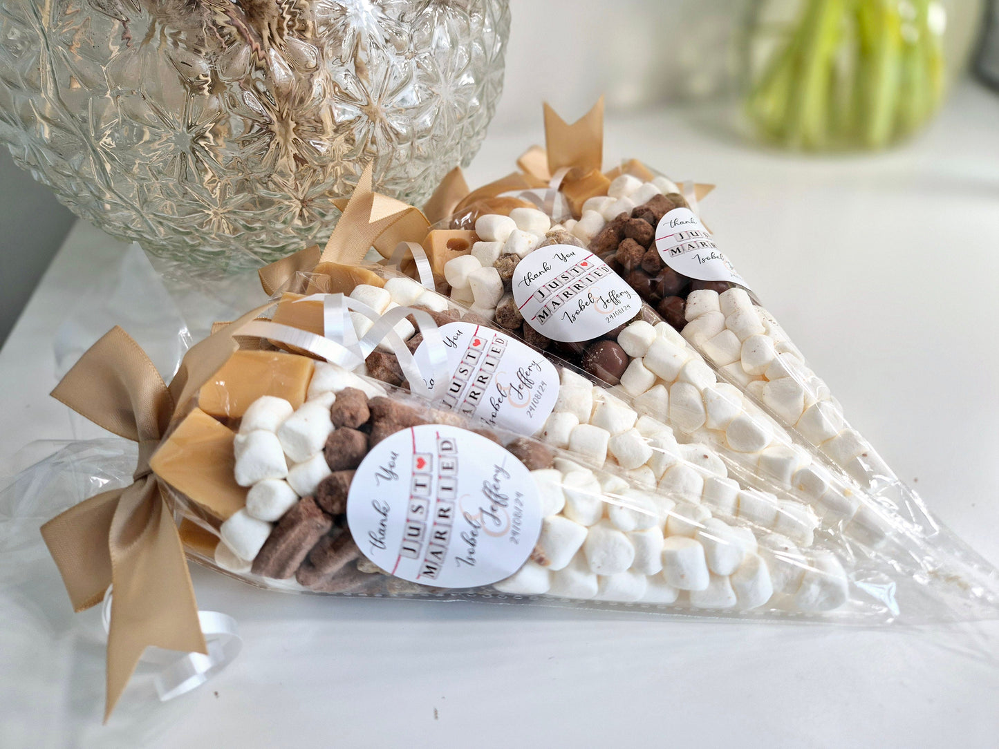Personalized Wedding Sweet Cones: Marshmallow & Fudge Favors