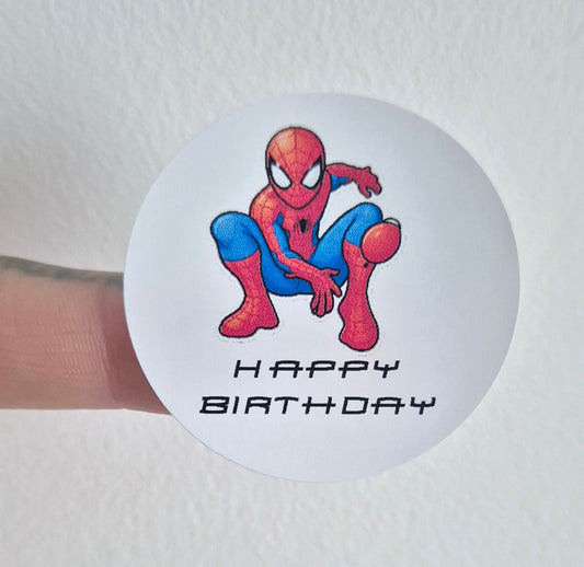 Spider-man inspired themed stickers- 24 Glossy stickers- 45mm circular stickers a4 sheet - 24 in total