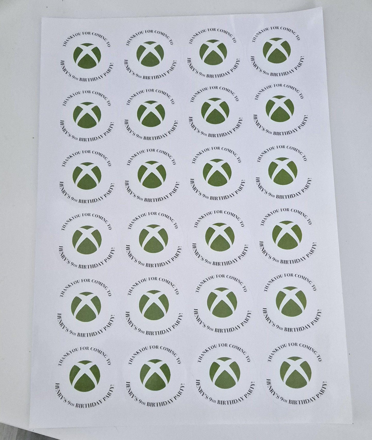 Xbox inspired stickers- xbox themed 24 Glossy Sostickers- 45mm circular stickers a4 sheet - 24 in total