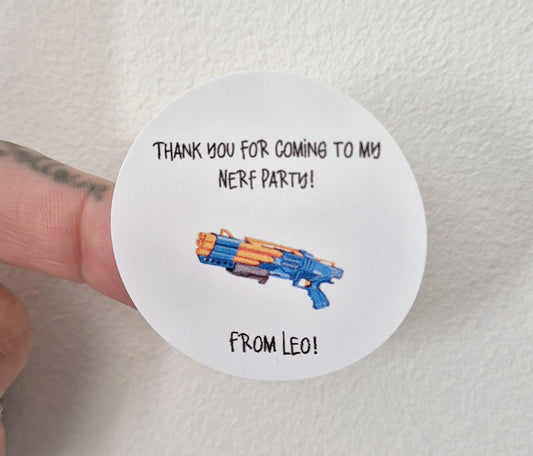 Nerf inspired stickers- Nerf themed 24 Glossy stickers- 45mm circular stickers a4 sheet - 24 in total