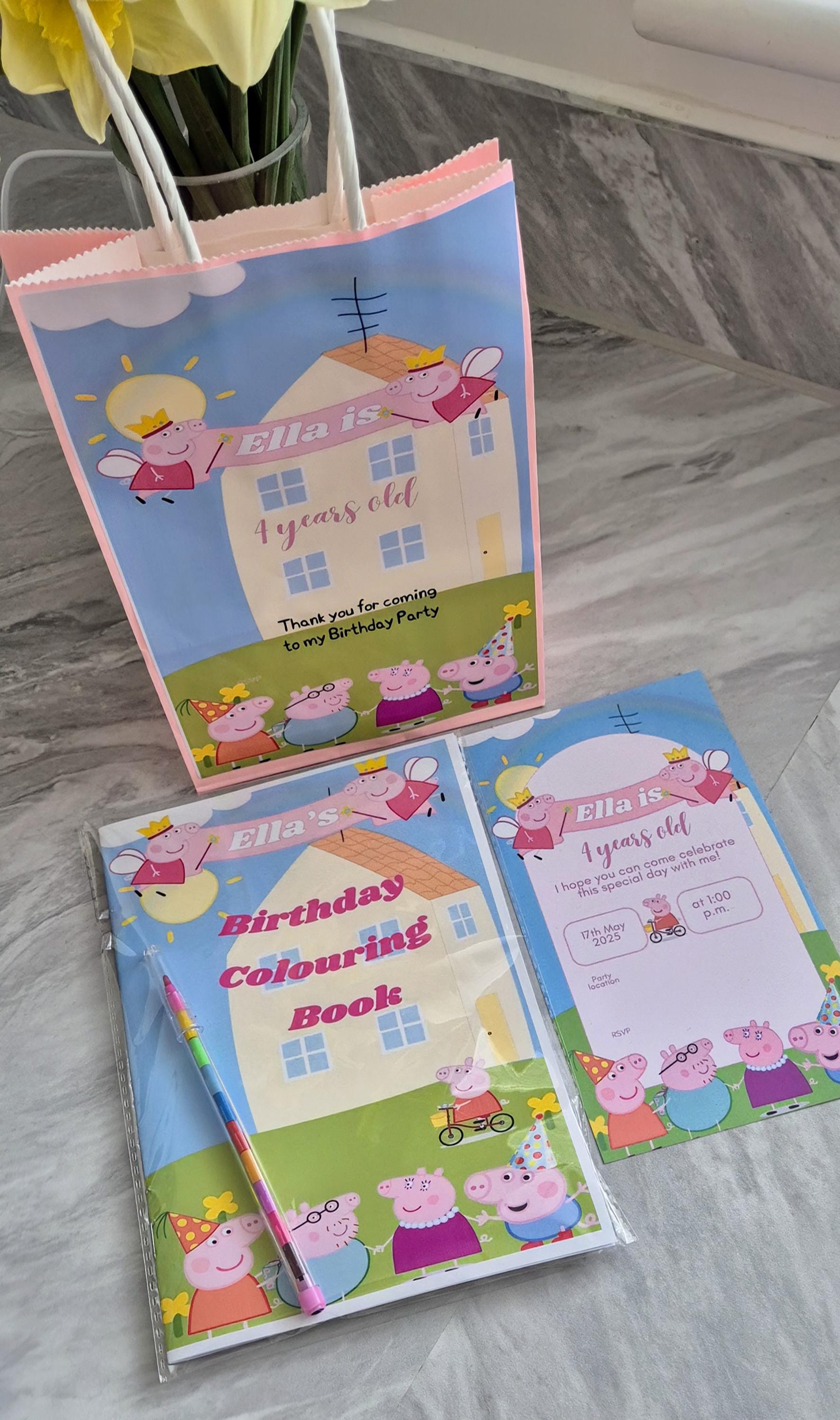 PIG party bundle- party bag - PIG personalised colouring book- PIG party invites