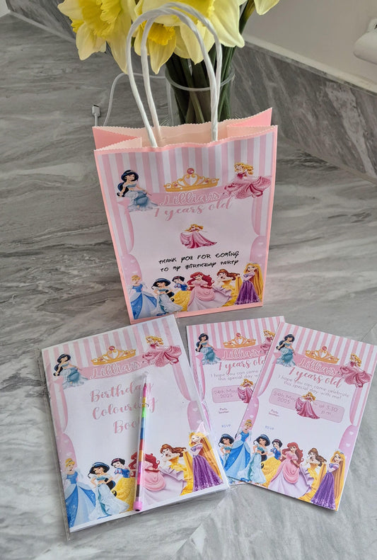 Personalized Princess Party Bundle: Bag, Coloring Book & Invites