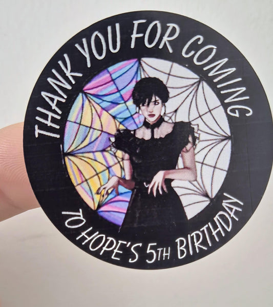 Wednesday party inspired sticker- 24 Glossy Wednesday themed stickers- 45mm circular stickers a4 sheet - 24 in total
