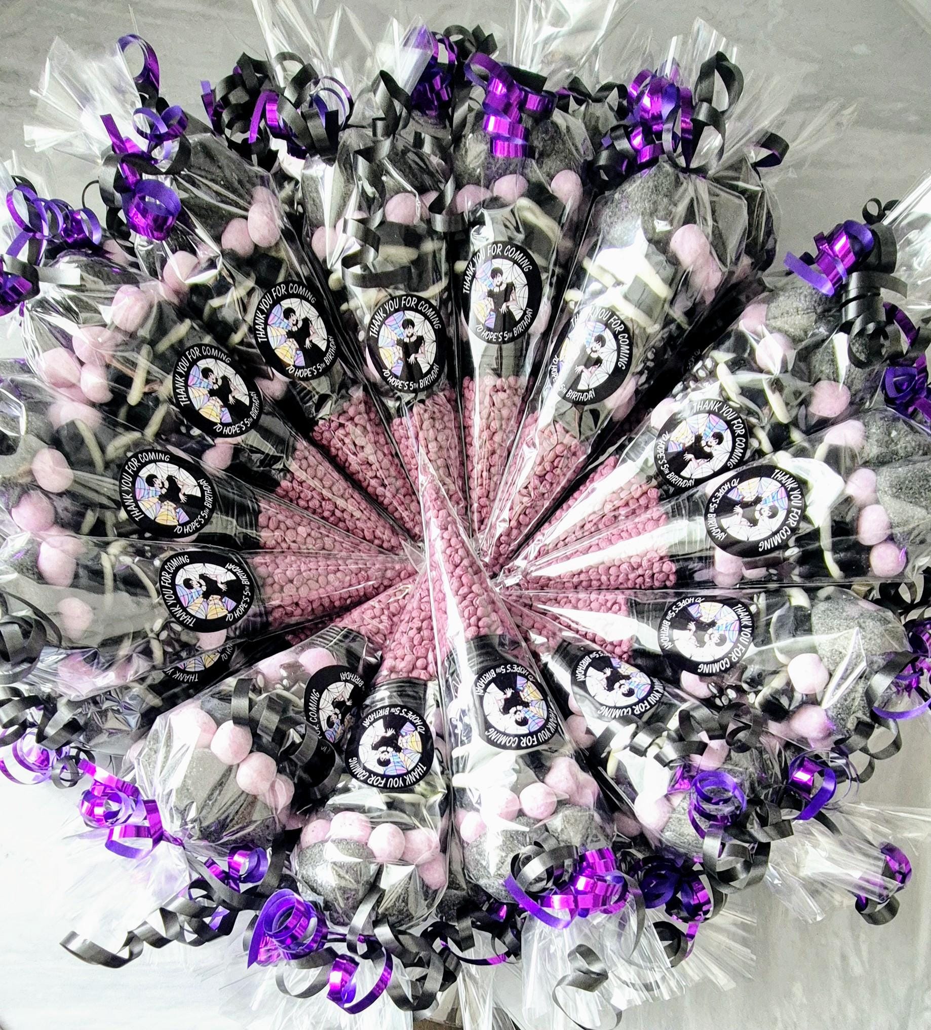 Wednesday Inspired Sweet Cones: Purple & Black Party Favors
