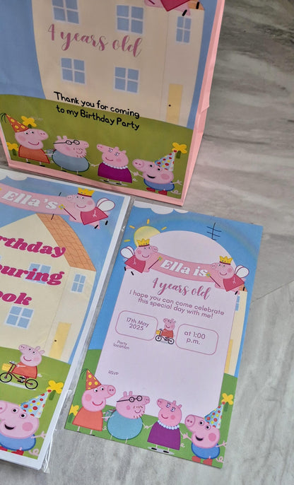 PIG party bundle- party bag - PIG personalised colouring book- PIG party invites