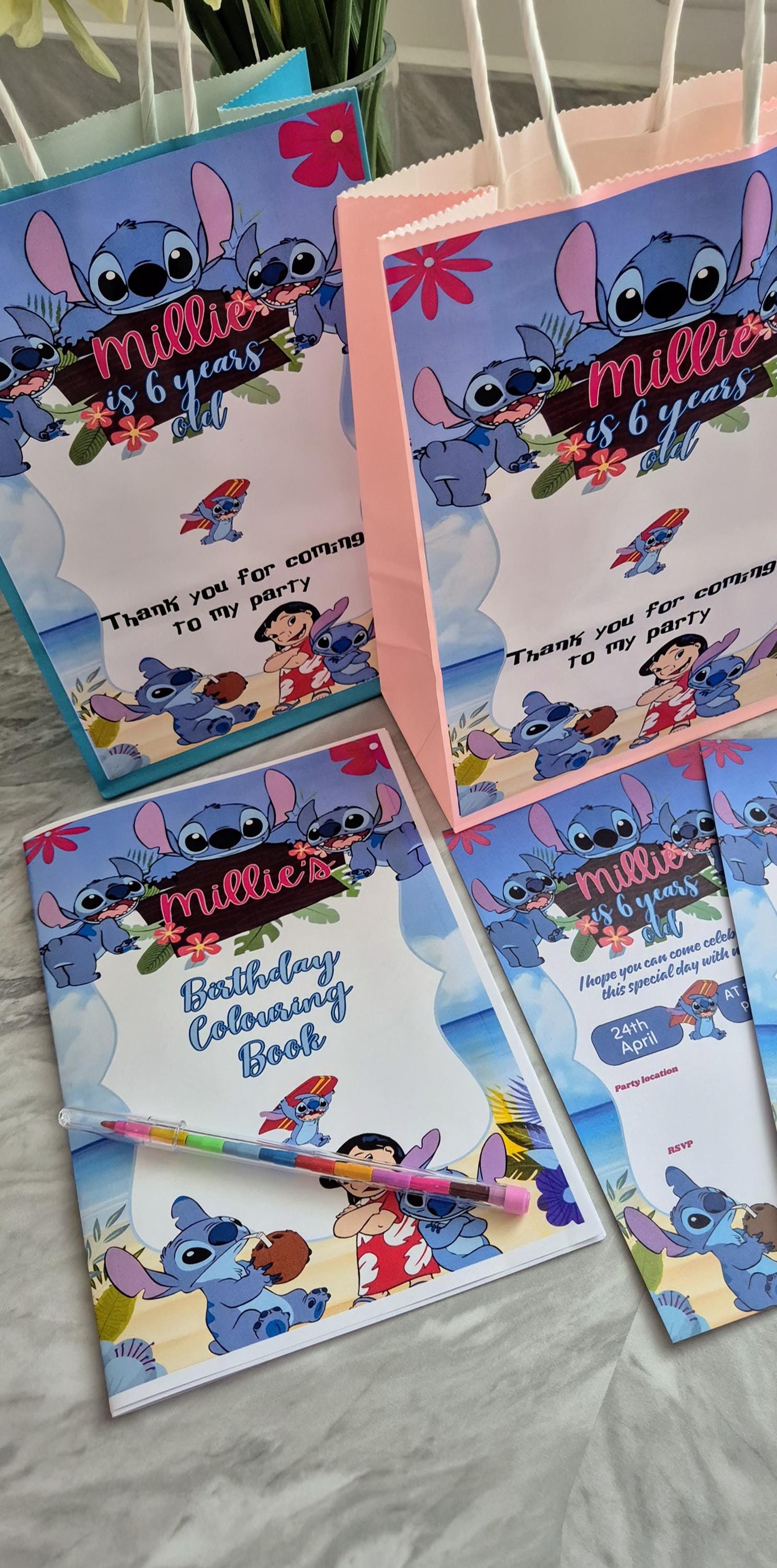 Personalized Stitch Party Bundle: Bag, Coloring Book, Invites