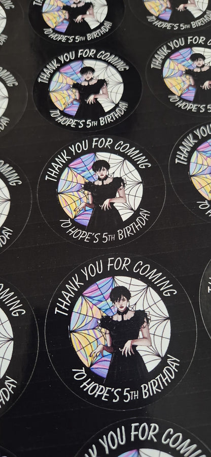 Wednesday party inspired sticker- 24 Glossy Wednesday themed stickers- 45mm circular stickers a4 sheet - 24 in total