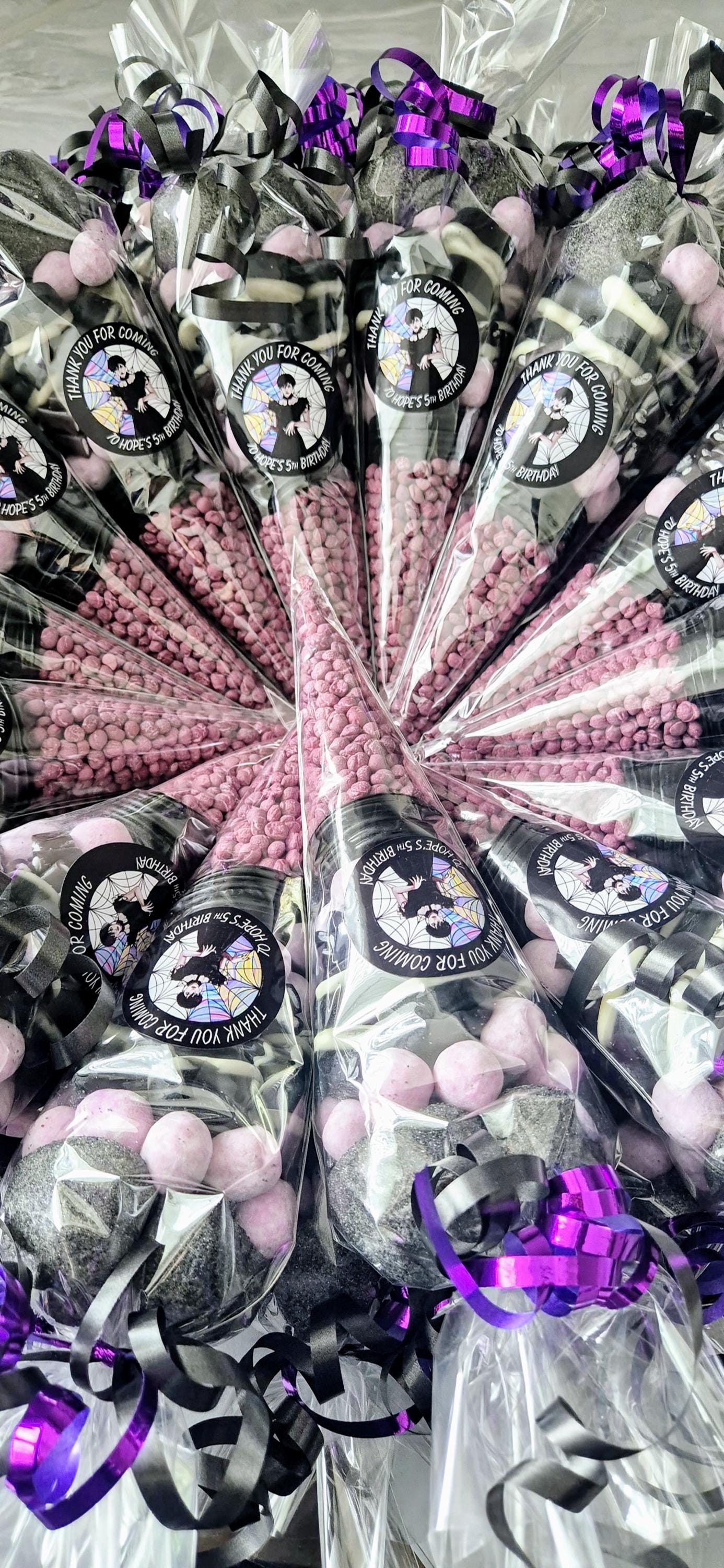 Wednesday Inspired Sweet Cones: Purple & Black Party Favors