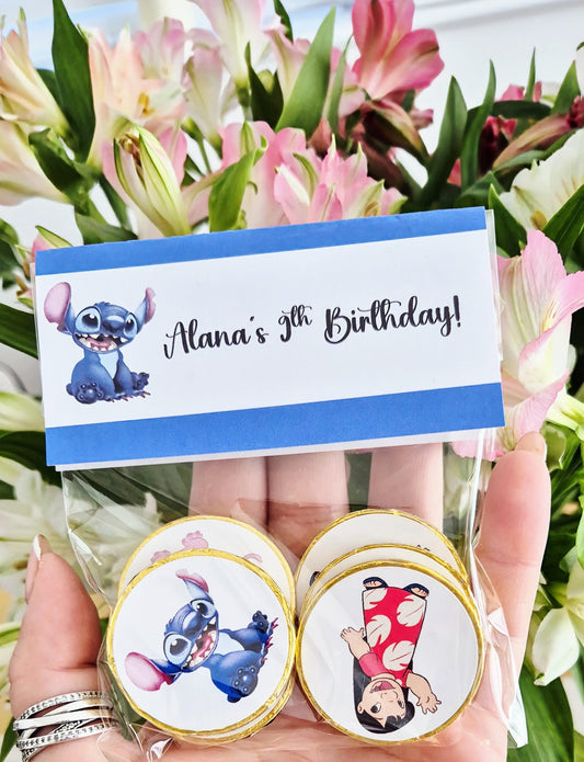 Stitch- inspired party favours - Stitch- inspired chocolate coin bags - Party favours