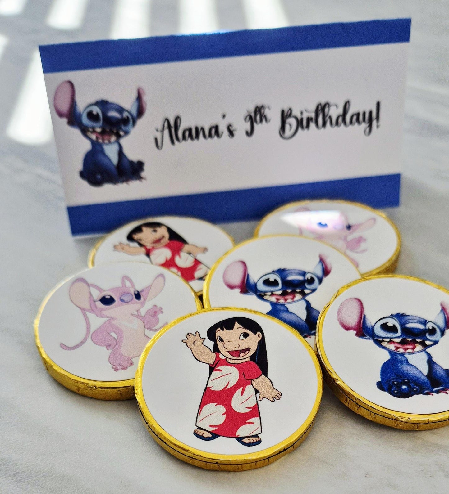 Stitch- inspired party favours - Stitch- inspired chocolate coin bags - Party favours