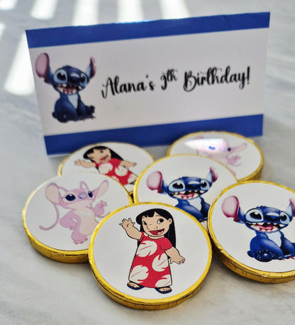 Stitch- inspired party favours - Stitch- inspired chocolate coin bags - Party favours