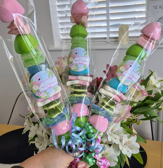 Flamingo inspired sweet kebabs- Party favours - Birthday - Party kebabs- Flamingo theme- prefilled cones- personalised kebabs