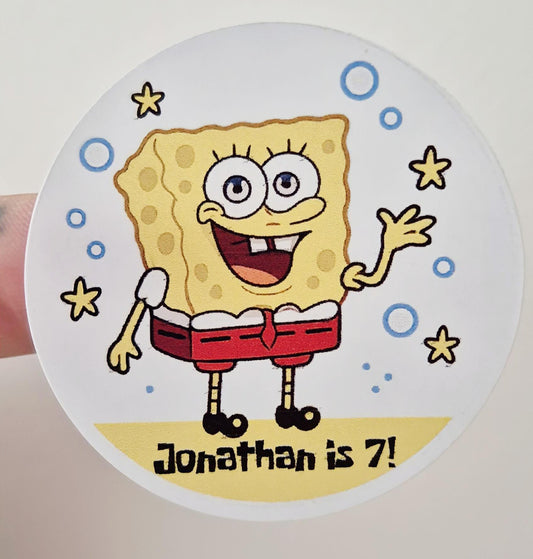 Spingebobinspired stickers- spongebob themed 24 Glossy Sostickers- 45mm circular stickers a4 sheet - 24 in total