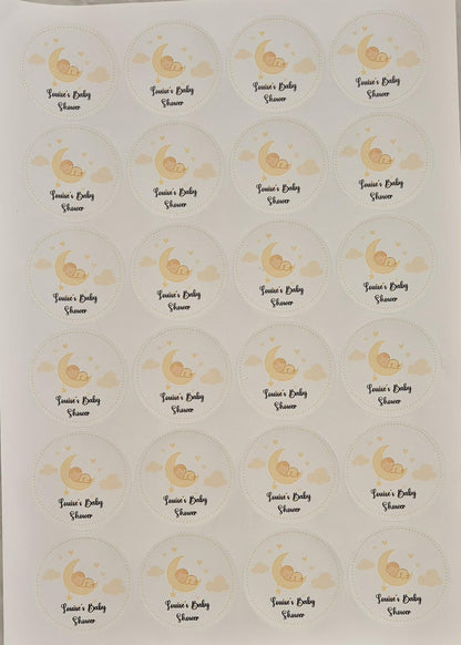 Baby shower stickers- 24 Glossy baby shower stickers- 45mm circular stickers a4 sheet - 24 in total