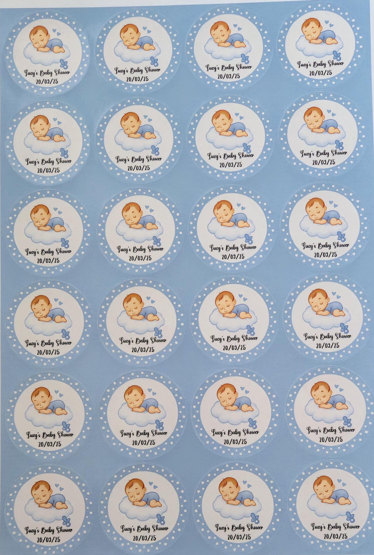 Glossy Baby Shower Stickers: 45mm Circle Labels, 24/Sheet