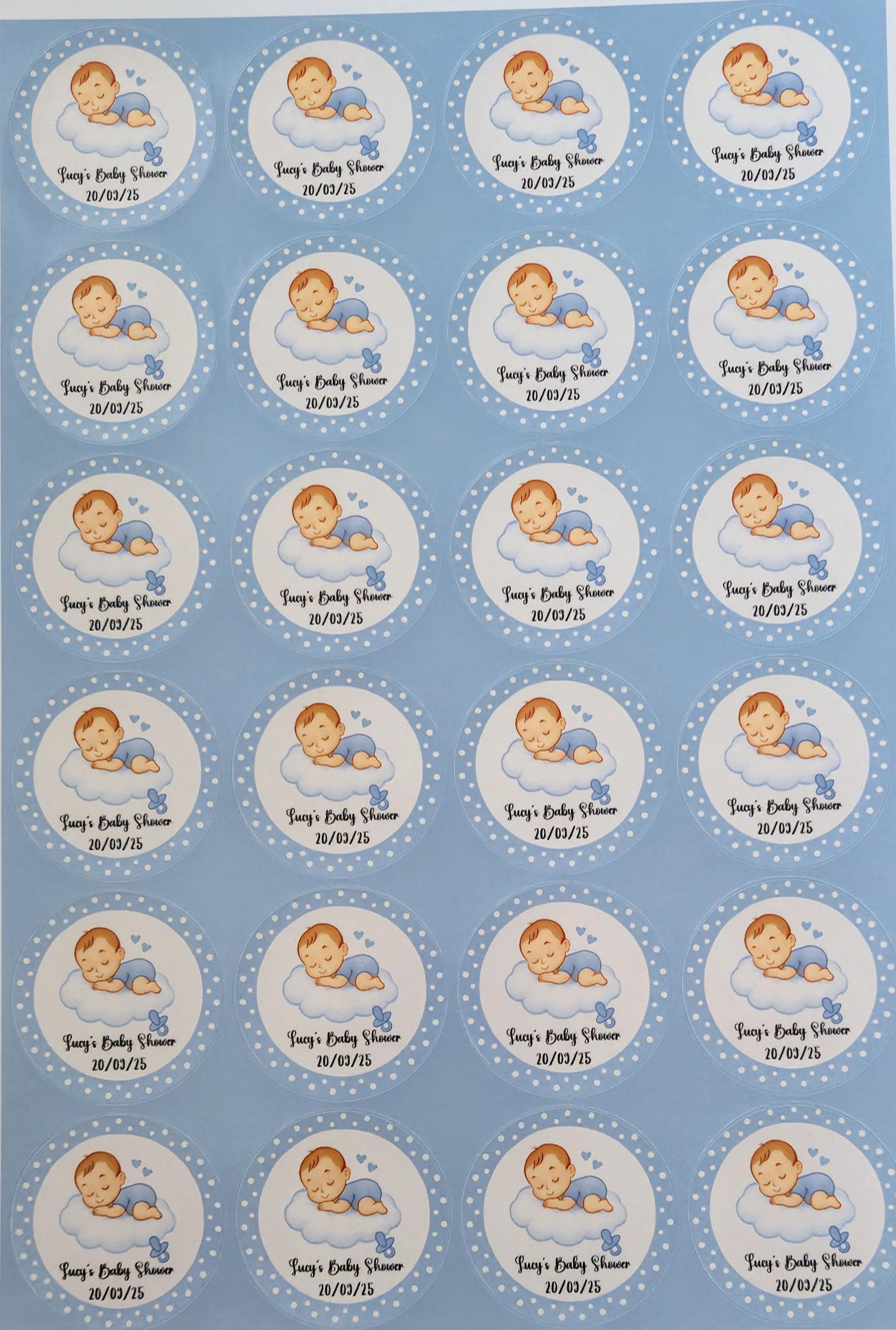 Glossy Baby Shower Stickers: 45mm Circle Labels, 24/Sheet