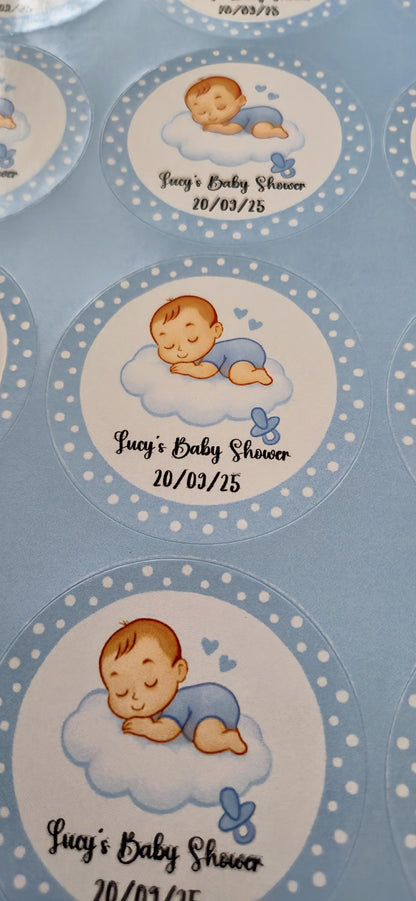 Glossy Baby Shower Stickers: 45mm Circle Labels, 24/Sheet