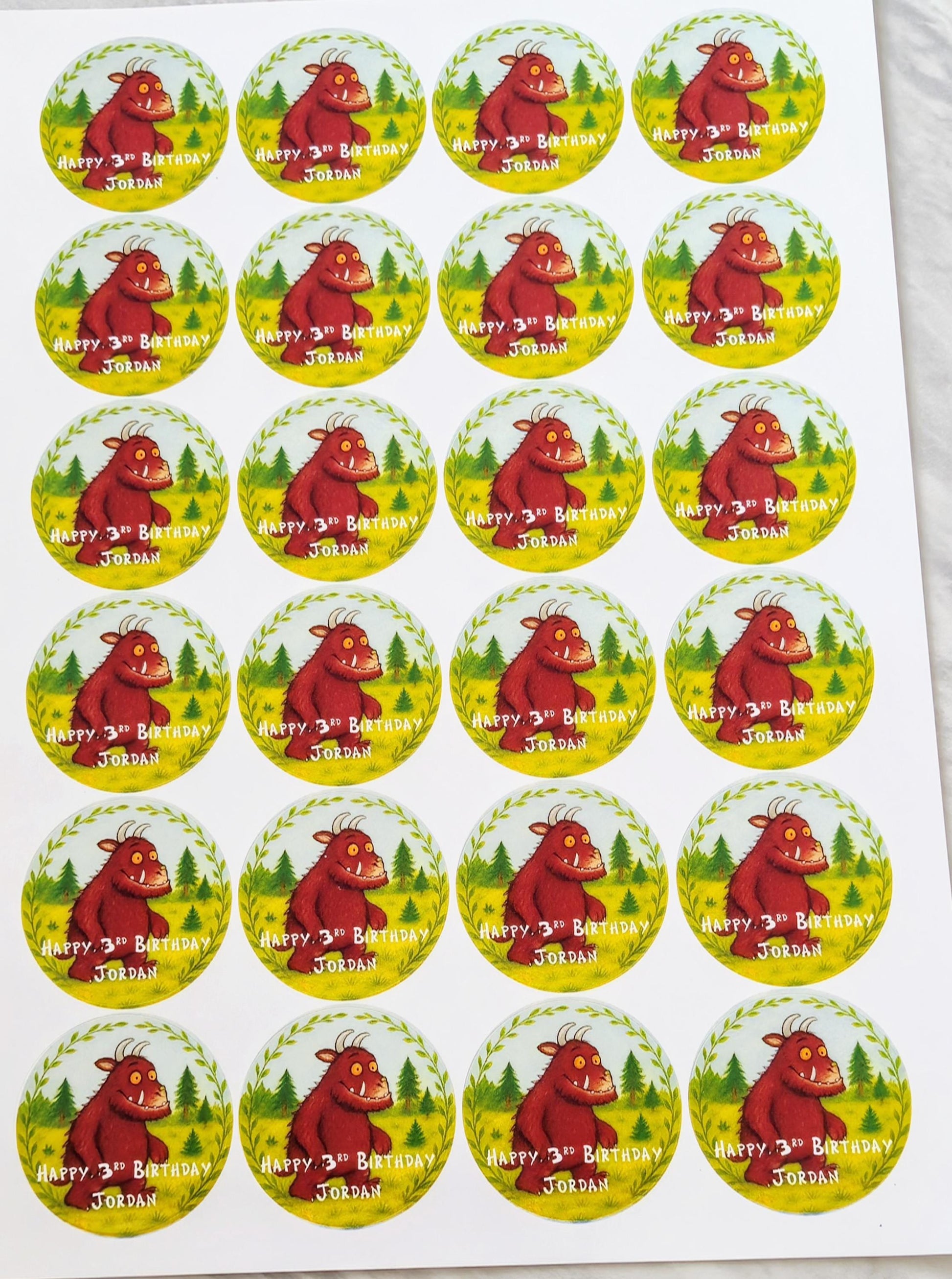 Gruffalo-inspired themed stickers- 24 Glossy stitch stickers- 45mm circular stickers a4 sheet - 24 in total