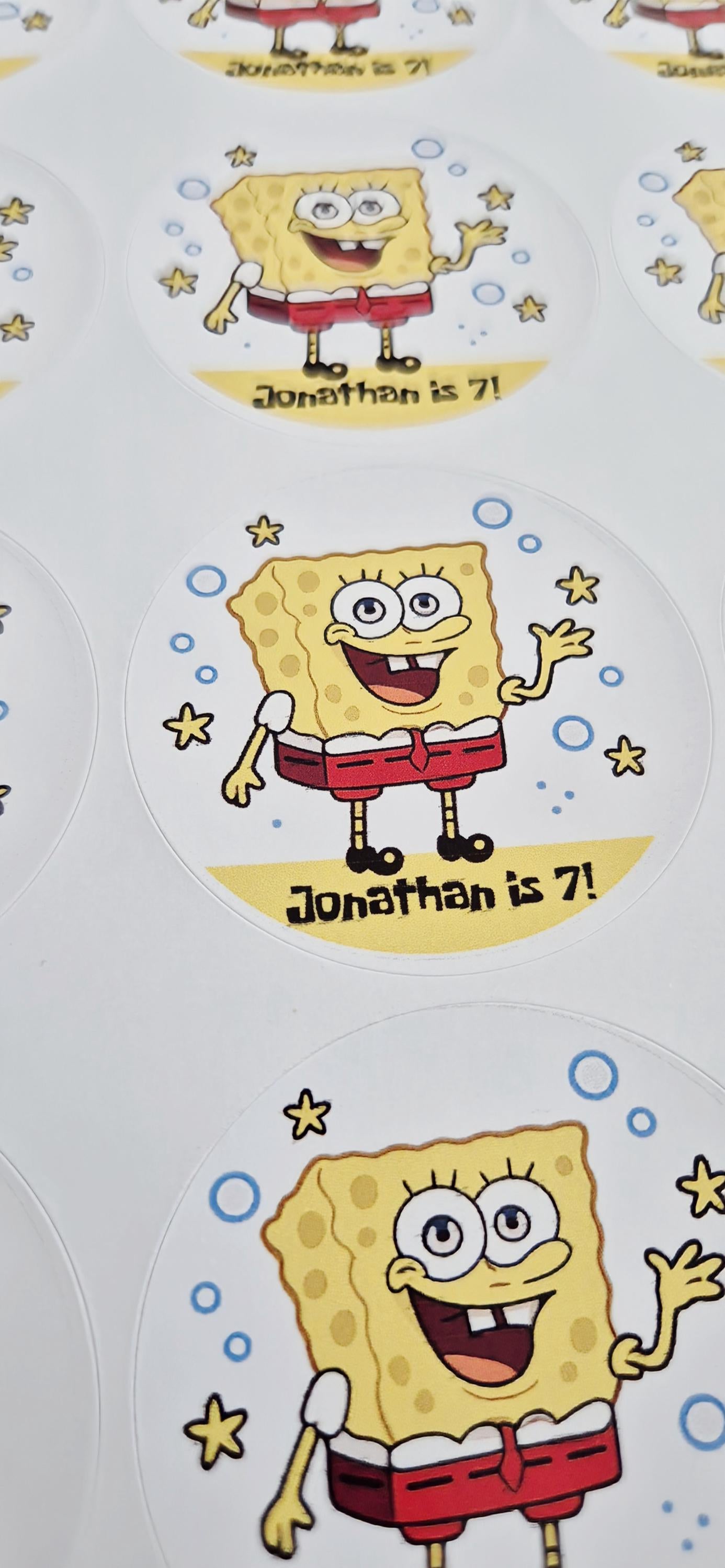 Spingebobinspired stickers- spongebob themed 24 Glossy Sostickers- 45mm circular stickers a4 sheet - 24 in total