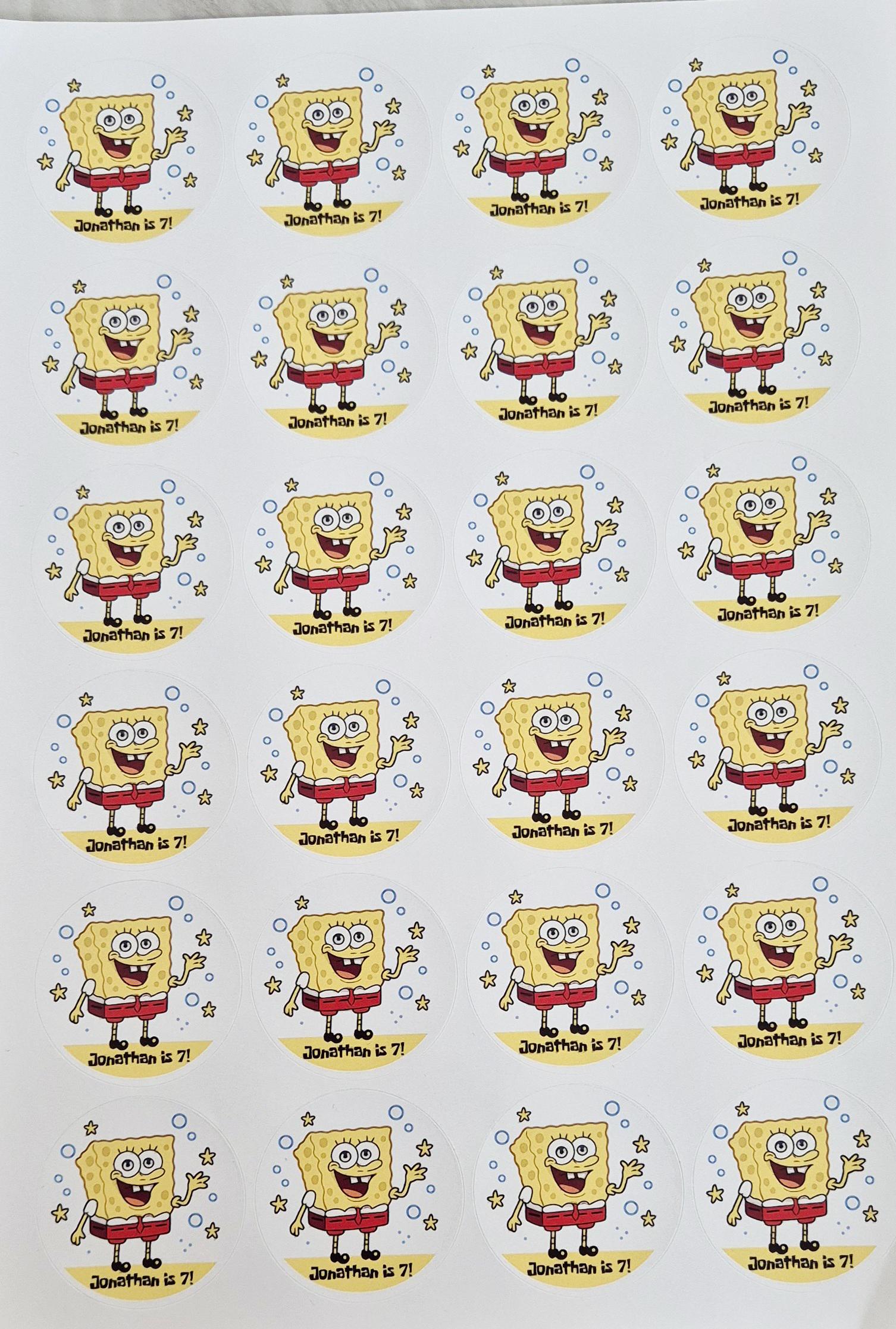 Spingebobinspired stickers- spongebob themed 24 Glossy Sostickers- 45mm circular stickers a4 sheet - 24 in total