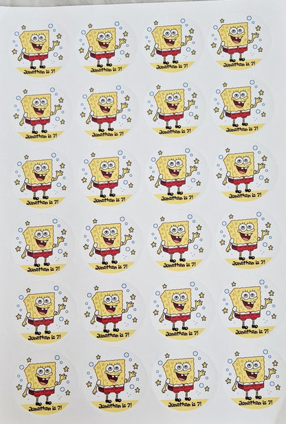Spingebobinspired stickers- spongebob themed 24 Glossy Sostickers- 45mm circular stickers a4 sheet - 24 in total