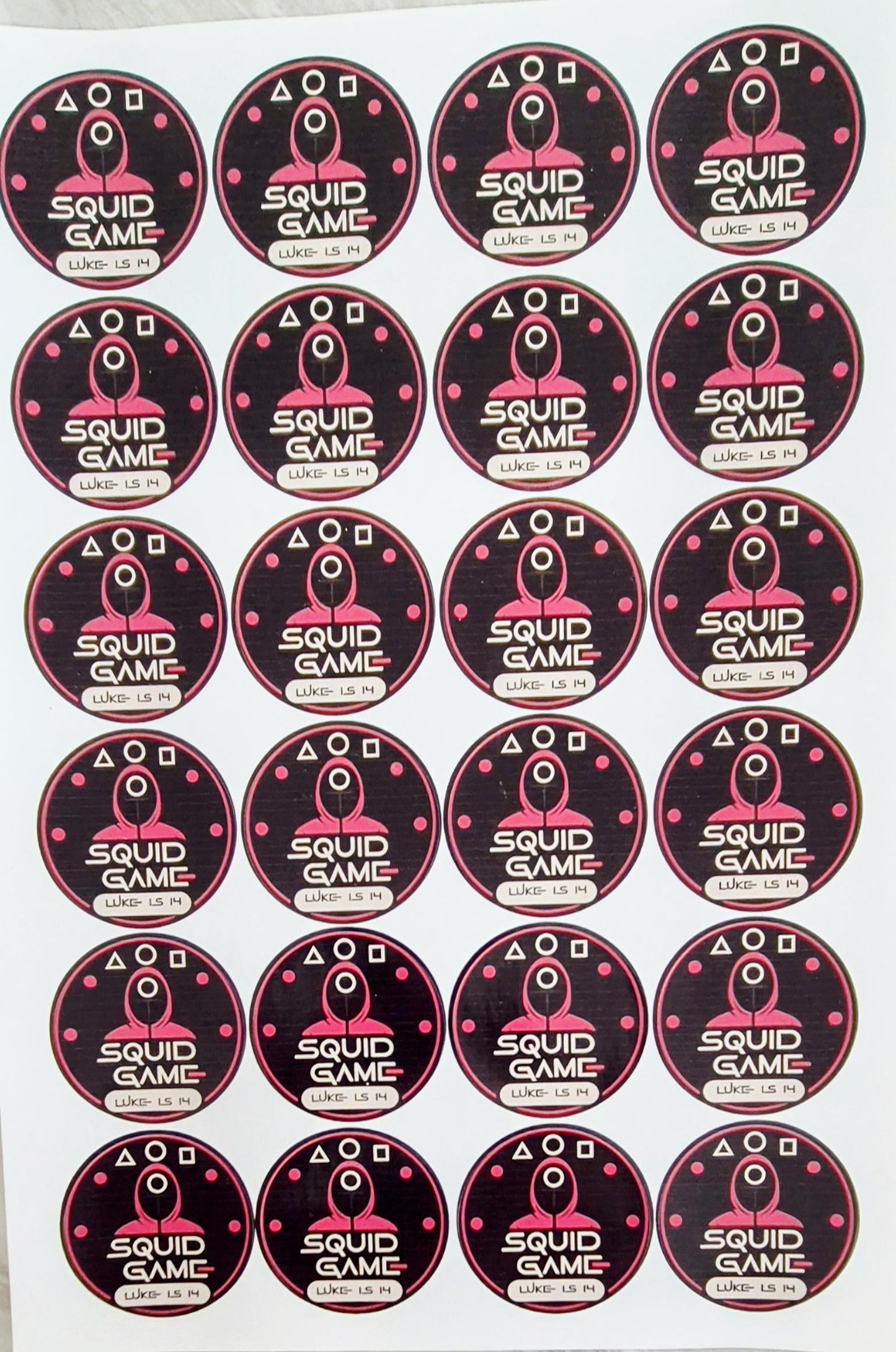 Squid- game -inspired stickers- 24 Glossy Squid Game -inspired themed stickers- 45mm circular stickers a4 sheet - 24 in total