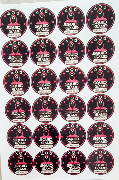 Squid- game -inspired stickers- 24 Glossy Squid Game -inspired themed stickers- 45mm circular stickers a4 sheet - 24 in total