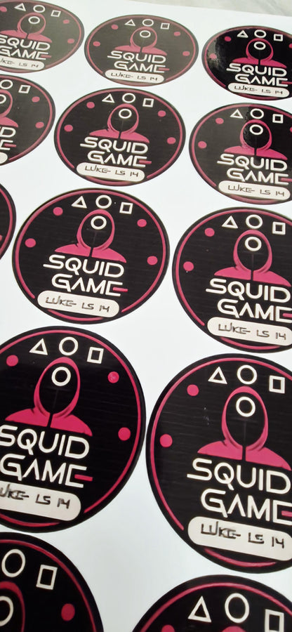 Squid- game -inspired stickers- 24 Glossy Squid Game -inspired themed stickers- 45mm circular stickers a4 sheet - 24 in total
