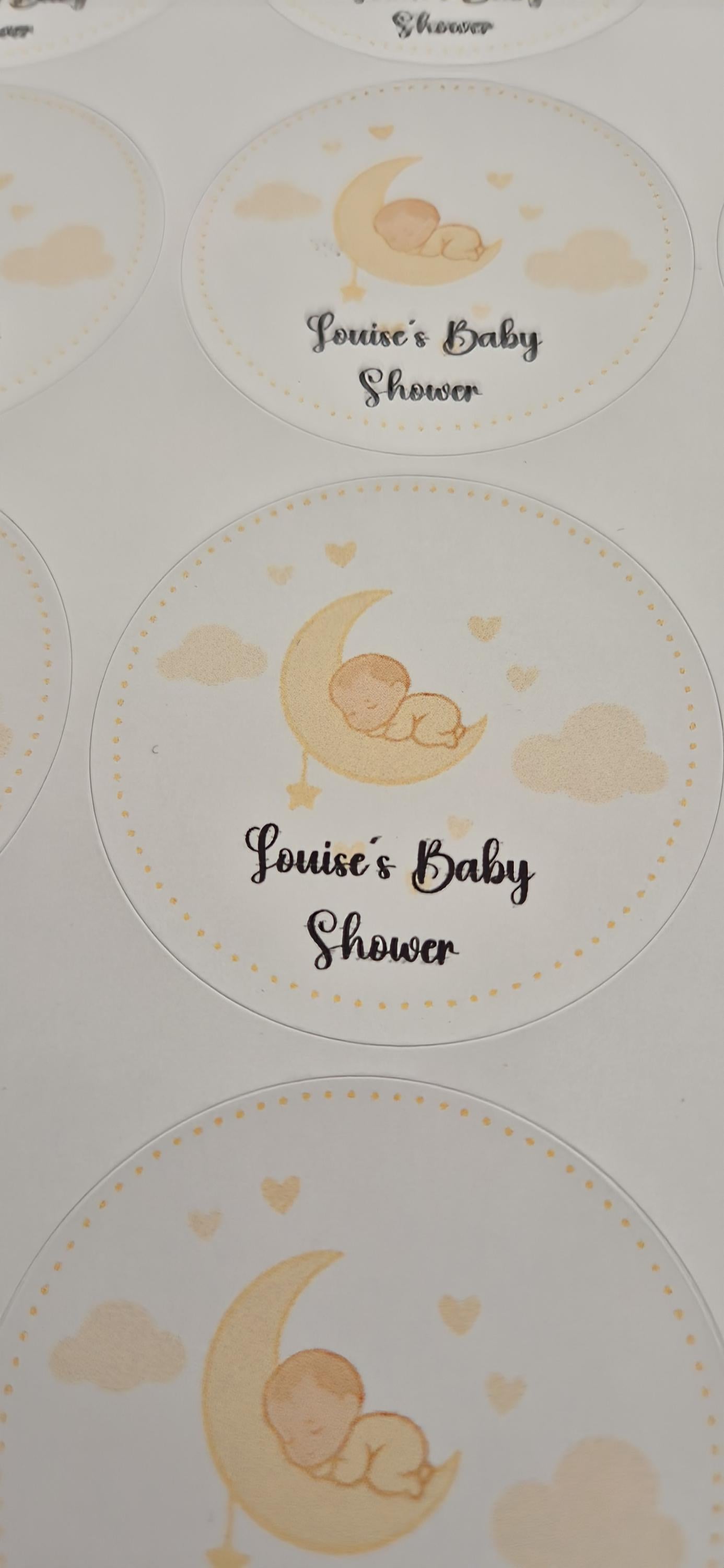 Baby shower stickers- 24 Glossy baby shower stickers- 45mm circular stickers a4 sheet - 24 in total