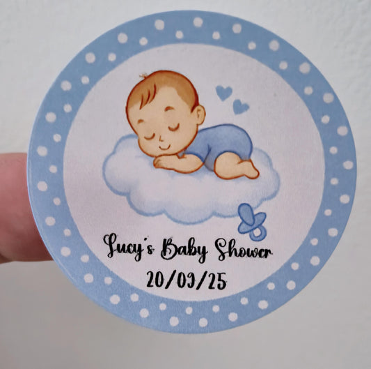 Glossy Baby Shower Stickers: 45mm Circle Labels, 24/Sheet