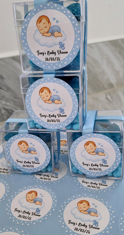 Blue Baby Shower Favor Box: Acrylic Sweet Cubes with Ribbon