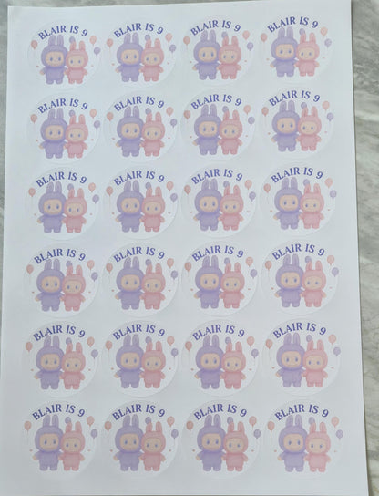Labubu inspired sticker- 24 Glossy Labubu themed-stickers- 45mm circular stickers a4 sheet - 24 in total